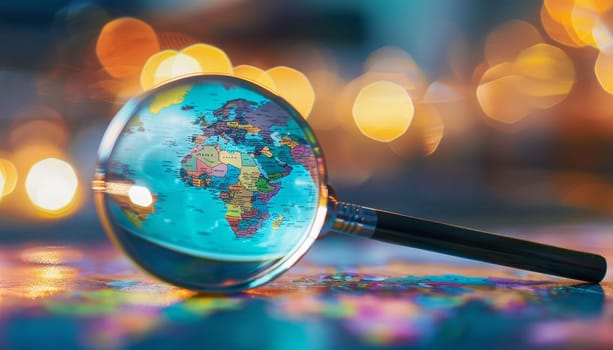 A globe is in a magnifying glass by AI generated image.