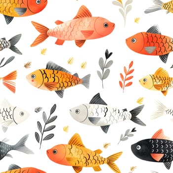 A seamless pattern of Vertebrate organisms like fish with orange fins and tails, intertwined with leaves on a white background. A unique and captivating product design