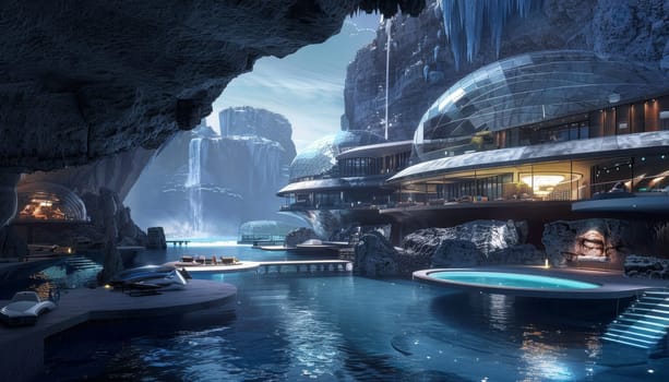 A futuristic city with a large body of water in the background. The water is surrounded by buildings with domes on top. Scene is serene and peaceful, with the water