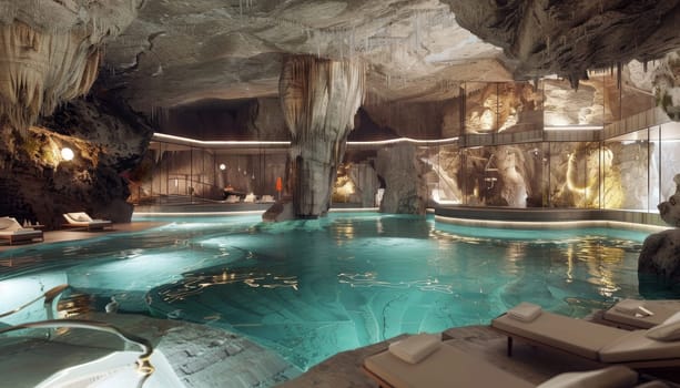 A large indoor pool with a cave-like ceiling and a rock wall. The pool is surrounded by white lounge chairs and a few tables. Scene is calm and relaxing, as the pool is a serene