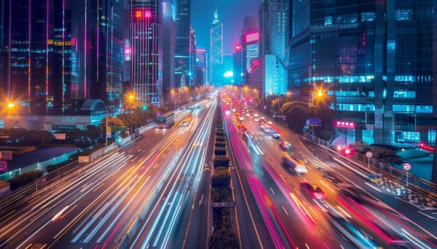 A city street at night with cars driving down the road. The lights from the cars and the street lights create a colorful and vibrant atmosphere