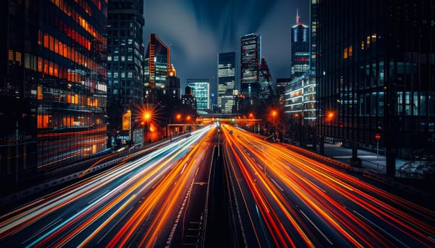 A city street at night with a lot of traffic and lights by AI generated image.