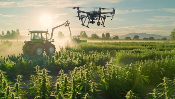 A drone is flying over a field of marijuana plants. The drone is being used to monitor the growth of the plants