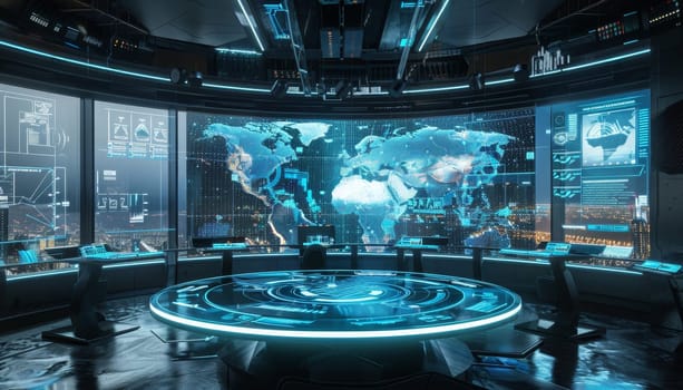 A futuristic room with a large screen showing a map of the world by AI generated image.