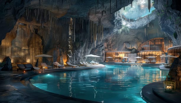 A large pool with a cave-like setting. The pool is surrounded by lounge chairs and umbrellas