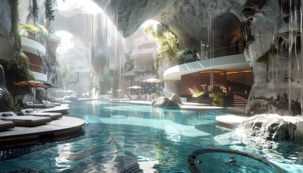 A large pool with a waterfall and a few umbrellas. The pool is surrounded by a rock wall and has a tropical feel