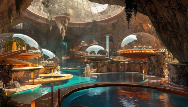A futuristic city with many buildings and a large pool. The pool is surrounded by many small buildings and has a waterfall. The atmosphere is bright and lively