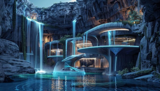 A futuristic house with a waterfall in the background. The waterfall is surrounded by a lush green forest
