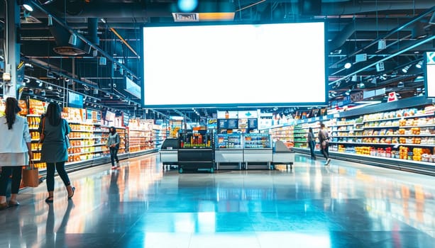 A large white sign hangs in the middle of a large store by AI generated image.