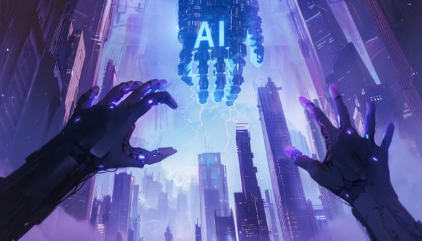 A futuristic cityscape with two robotic hands reaching out towards a blue by AI generated image.