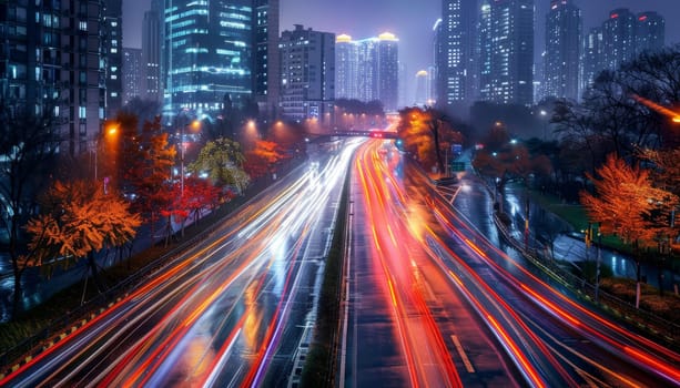 A city street at night with a lot of traffic and lights by AI generated image.