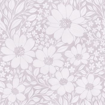 Floral Seamless Pattern of Pastel Grey Lilac Flowers and Leaves with Texture, Wallpaper Design for Textiles, Papers, Prints, Fashion, Beauty Products, Wrappings, Packagings