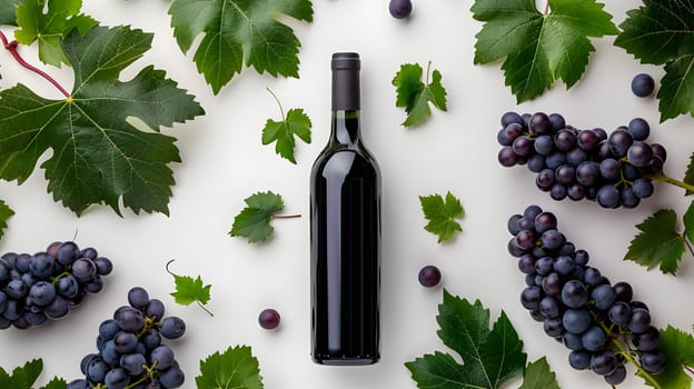 A glass bottle of wine is sitting among luscious grapes and green leaves, creating a beautiful display of natural foods and liquid in a drinkware