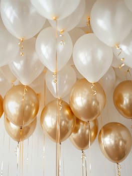 White and golden balloons with ribbons on white creamy background. Festive decor concept for events, parties, and celebrations. Ai generation. High quality photo