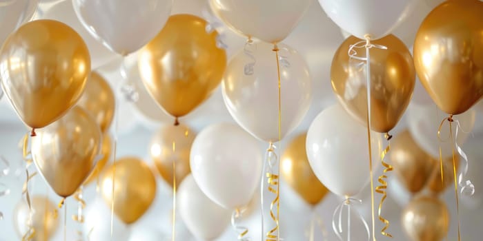Gold and white balloons with ribbons against on white background. Celebration decoration concept for weddings, anniversaries, and birthday parties with copy space for text. Ai generation. High quality