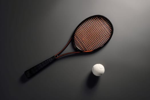 3D rendering of a racket with a tennis ball. Promotion of a tennis match or sporting event. White ball and black brown racket. Isolated on dark gray or black background. Generated AI.