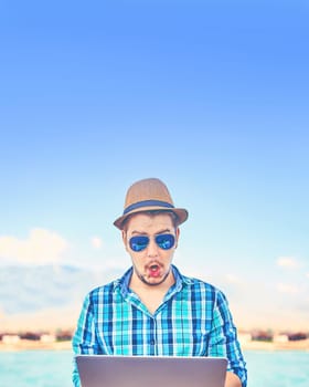 Businessman Working Summer Beach Relaxation Concept Surprised