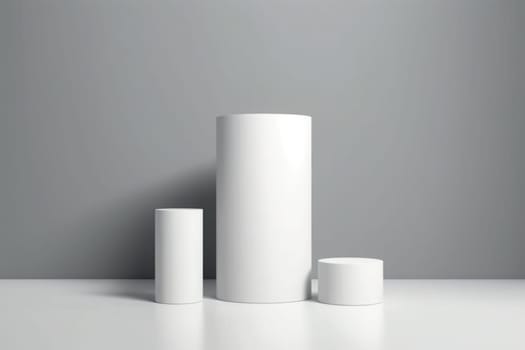 Front view of three white cylinder podiums displayed on gray background. Space to placed your product, mockup or packaging cosmetic. Minimal concept. Generated AI.