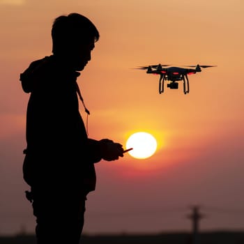 Silhouette of a man controlling a flying drone at sunset.