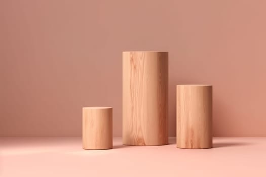 Advertising podium three wood cylinders on pastel brown pink background. Pedestal, stage or platform for cosmetic presentation. Generated AI.