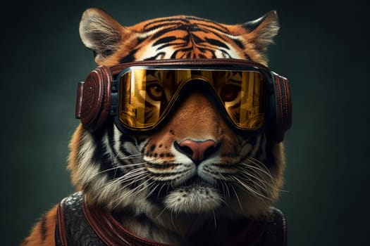 Tiger wearing eyeglasses and headphones illustration for your company or brand. Realistic tiger animal. Generated AI.