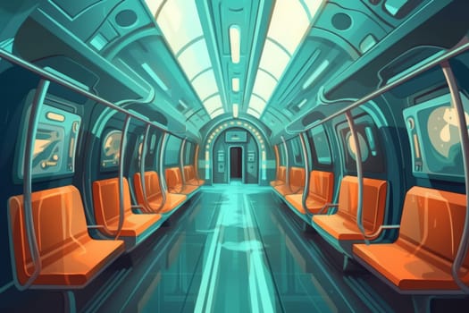 Subway sits inside metro train, carriage. City underground. Public transport Flat illustration. Cartoon style. Generated AI.