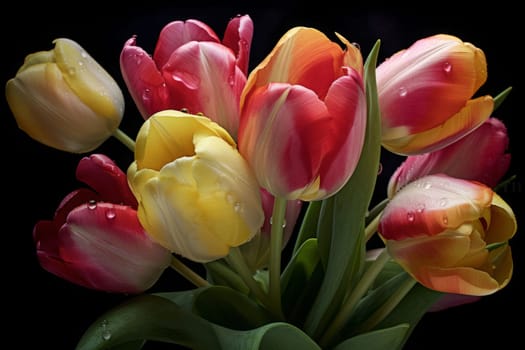 Beautiful red-yellow tulips with green stem and leaves isolated on black background, elegant bouquet. Studio close-up photography. Generated AI.