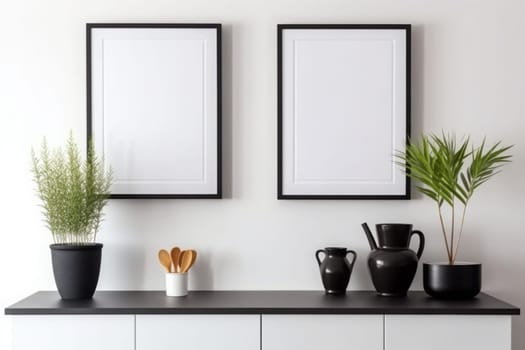 Elegant home interior with two black mock up photo empty frames above the white commode, plants and home accessories. Black dishes. Stylish concept of white room decor. Generated AI.