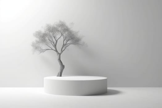 3D White round cylinder podium in dappled sunlight and white decorative tree shadow on white counter by wall background for beauty, fashion, cosmetic product display backdrop. Generated AI.