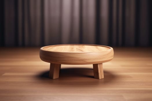 Brown wooden round coffee table, dinning table, magazines table. Modern designer, table on wooden floor near dark gray curtain wall. Series of furniture. Generated AI.