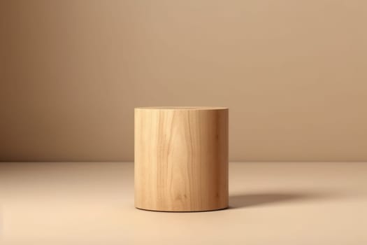 One wooden cylinder, pedestal or platform. Isolated on light brown background. Podium shadow. Scene for product presentation. Generated AI.