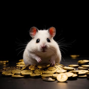 Photo of a cute hamster with coins flying and lying on the floor on a black background. An exciting game for money. Click on the furry animal and win.