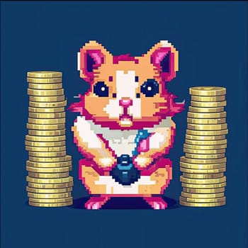 pixel art Illustration of a cute hamster with coins flying and lying on the floor on a black background. An exciting game for money. Click on the furry animal and win.