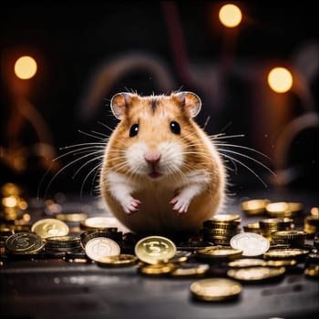 Photo of a cute hamster with coins flying and lying on the floor on a black background. An exciting game for money. Click on the furry animal and win.