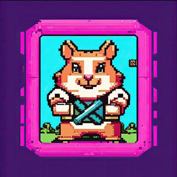 pixel art Illustration of a cute hamster with coins flying and lying on the floor on a black background. An exciting game for money. Click on the furry animal and win.