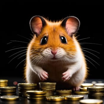 Photo of a cute hamster with coins flying and lying on the floor on a black background. An exciting game for money. Click on the furry animal and win.