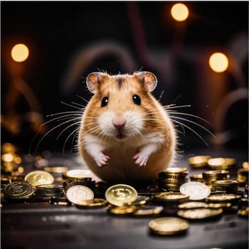 Photo of a cute hamster with coins flying and lying on the floor on a black background. An exciting game for money. Click on the furry animal and win.