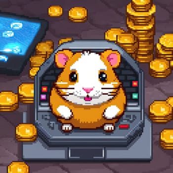 pixel art Illustration of a cute hamster with coins flying and lying on the floor on a black background. An exciting game for money. Click on the furry animal and win.