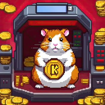 pixel art Illustration of a cute hamster with coins flying and lying on the floor on a black background. An exciting game for money. Click on the furry animal and win.