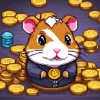 pixel art Illustration of a cute hamster with coins flying and lying on the floor on a black background. An exciting game for money. Click on the furry animal and win.