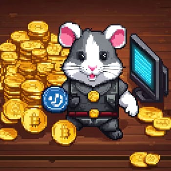 pixel art Illustration of a cute hamster with coins flying and lying on the floor on a black background. An exciting game for money. Click on the furry animal and win.