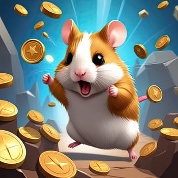 Illustration of a cute hamster with coins flying and lying on the floor on a black background. An exciting game for money. Click on the furry animal and win.