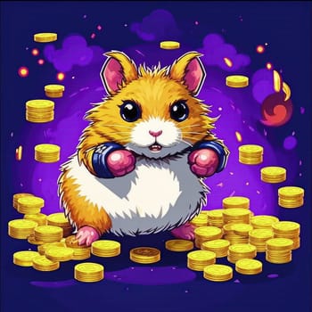 pixel art Illustration of a cute hamster with coins flying and lying on the floor on a black background. An exciting game for money. Click on the furry animal and win.