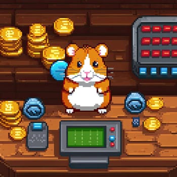 pixel art Illustration of a cute hamster with coins flying and lying on the floor on a black background. An exciting game for money. Click on the furry animal and win.