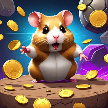 Illustration of a cute hamster with coins flying and lying on the floor on a black background. An exciting game for money. Click on the furry animal and win.