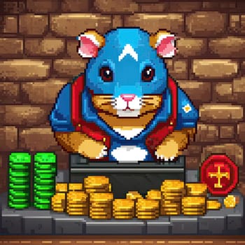 pixel art Illustration of a cute hamster with coins flying and lying on the floor on a black background. An exciting game for money. Click on the furry animal and win.