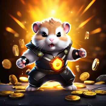 Illustration of a cute hamster with coins flying and lying on the floor on a black background. An exciting game for money. Click on the furry animal and win.