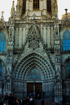 Gothic style of buildings. Spanish architecture. Catalonia, Spain. 16.11.2019