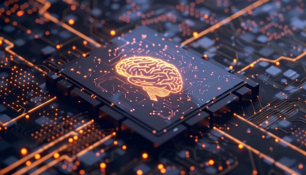 A computer chip with a brain on it by AI generated image.