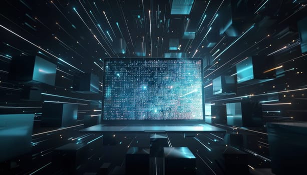 A computer monitor is shown in a futuristic setting with a blue background by AI generated image.